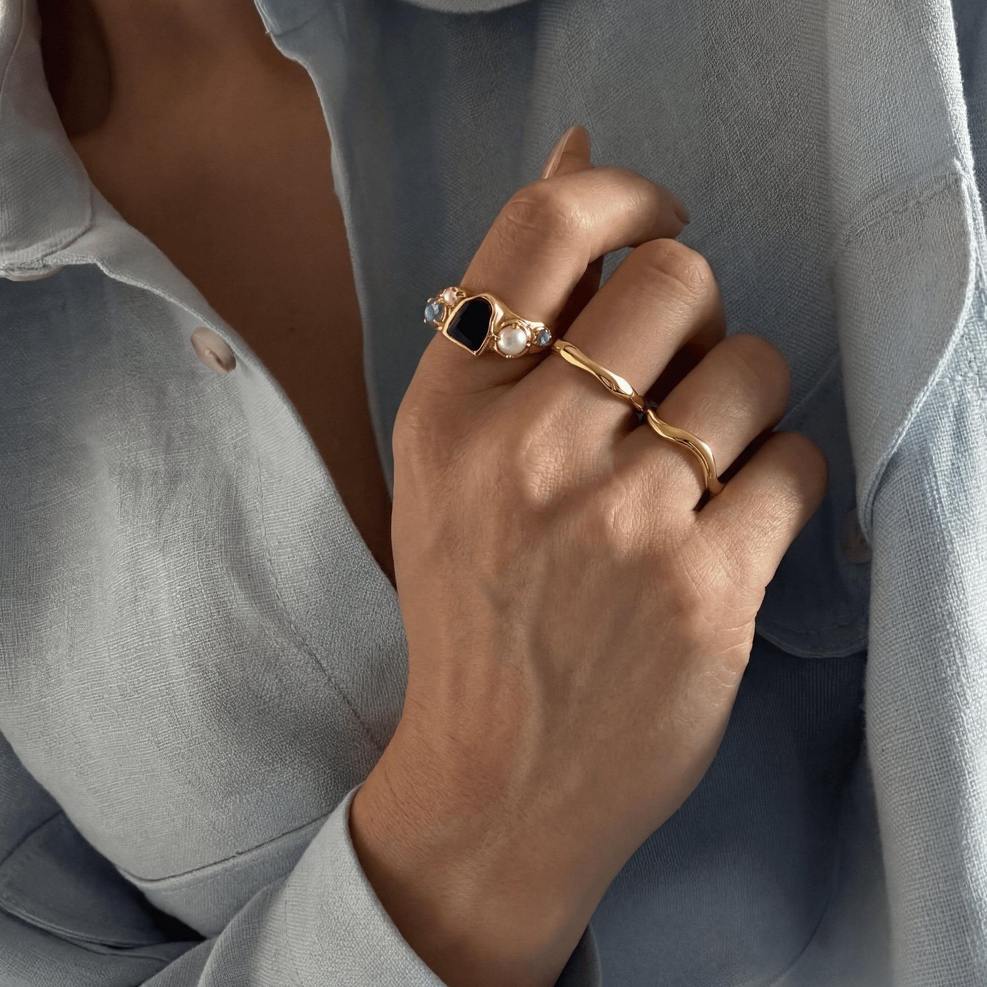 Black Obsidian Heirloom & Magma & Waves Rings - gold product shot