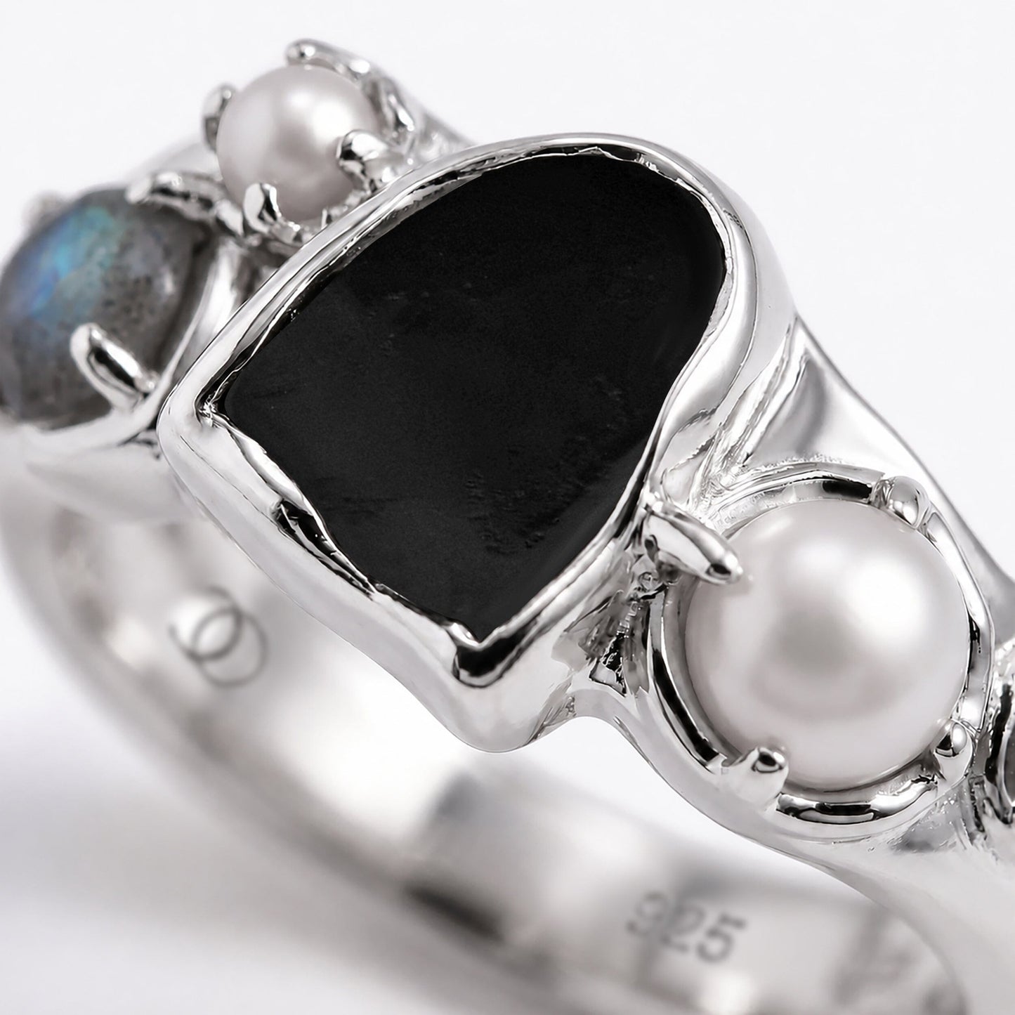 Black Obsidian Heirloom & Magma & Waves Rings - close-up silver