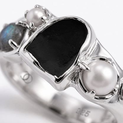 Black Obsidian Heirloom & Magma & Waves Rings - close-up silver