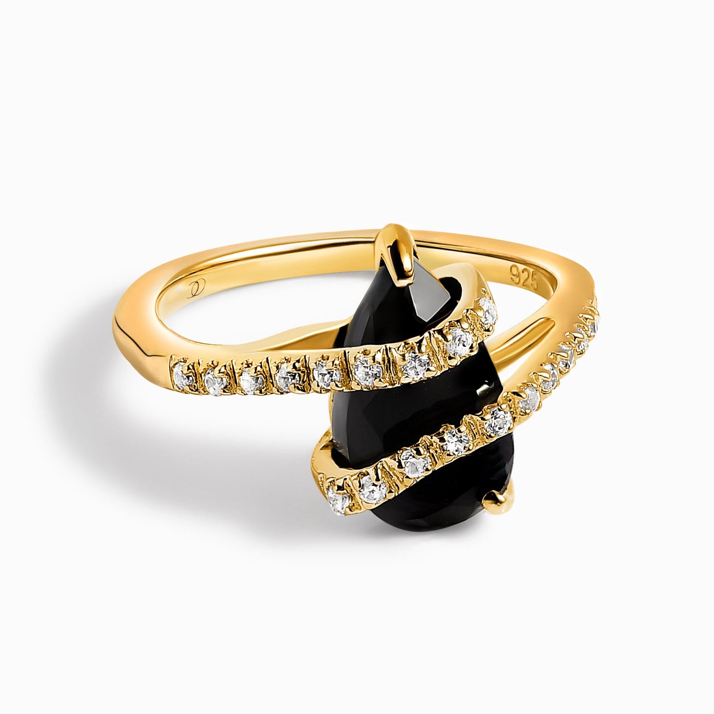Black Obsidian White Zircon Ring - Bypass yellow gold