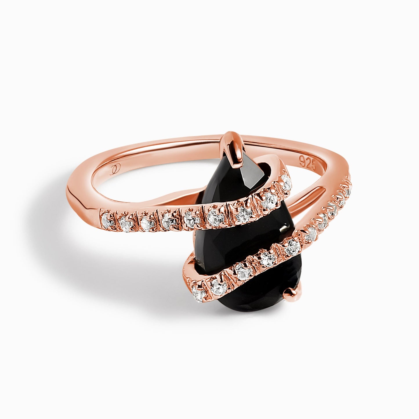 Black Obsidian White Zircon Ring - Bypass rose gold