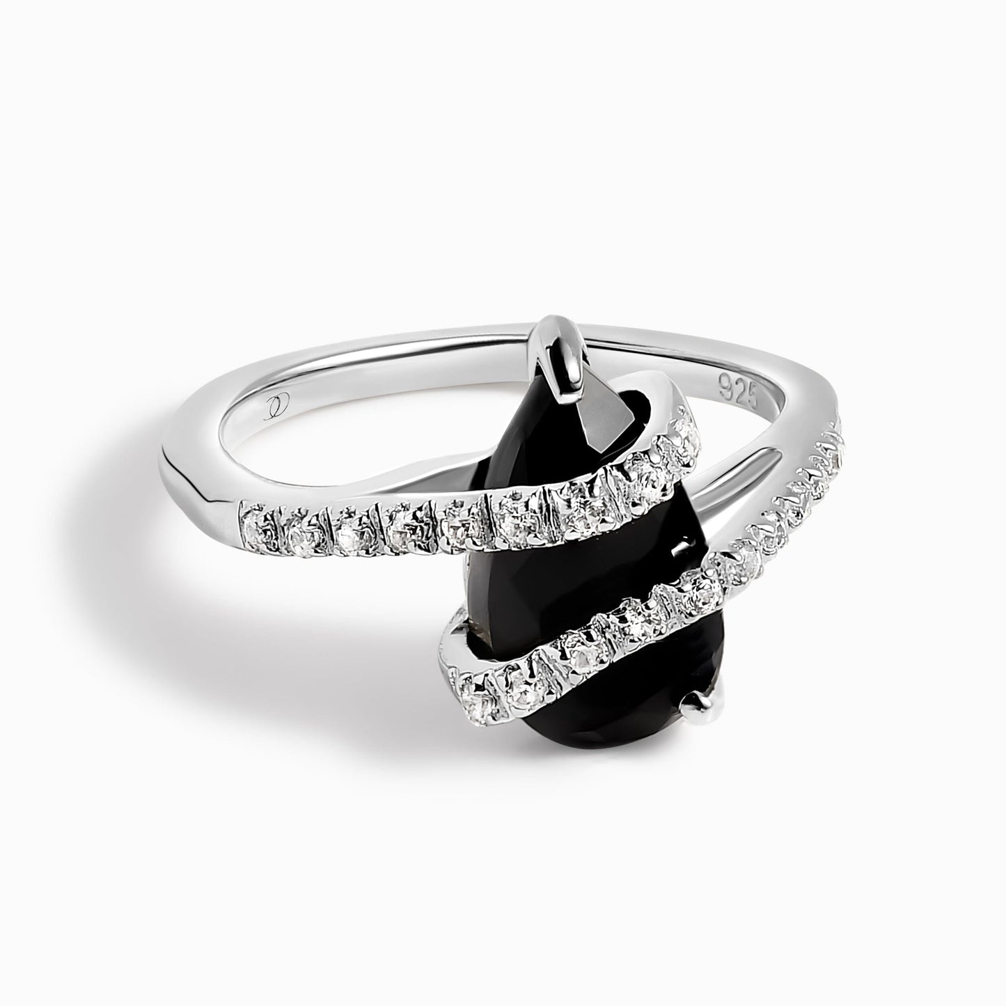 Black Obsidian White Zircon Ring - Bypass silver