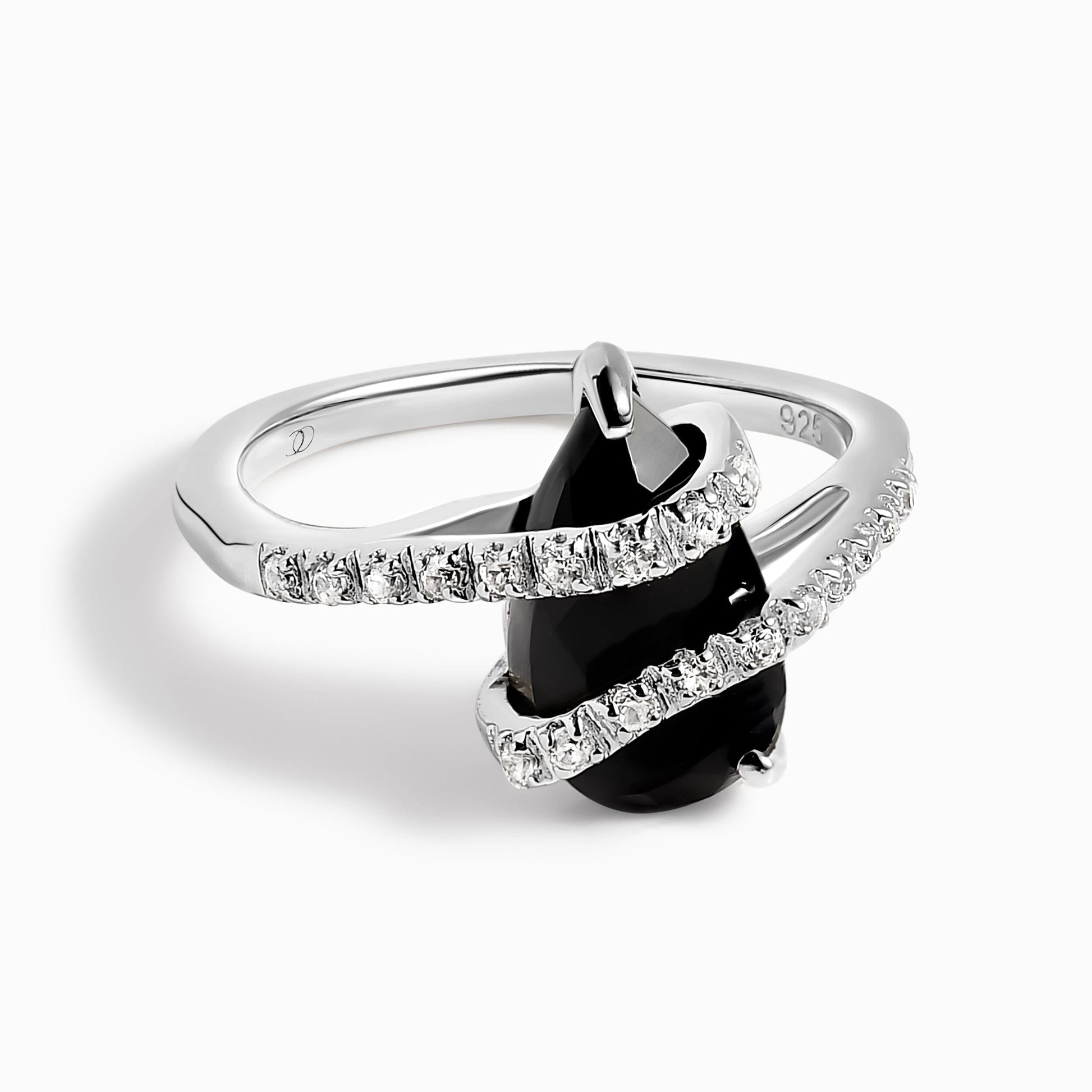 Black Obsidian White Zircon Ring - Bypass silver