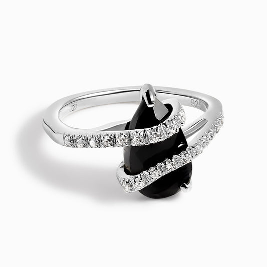 Black Obsidian White Zircon Ring - Bypass silver