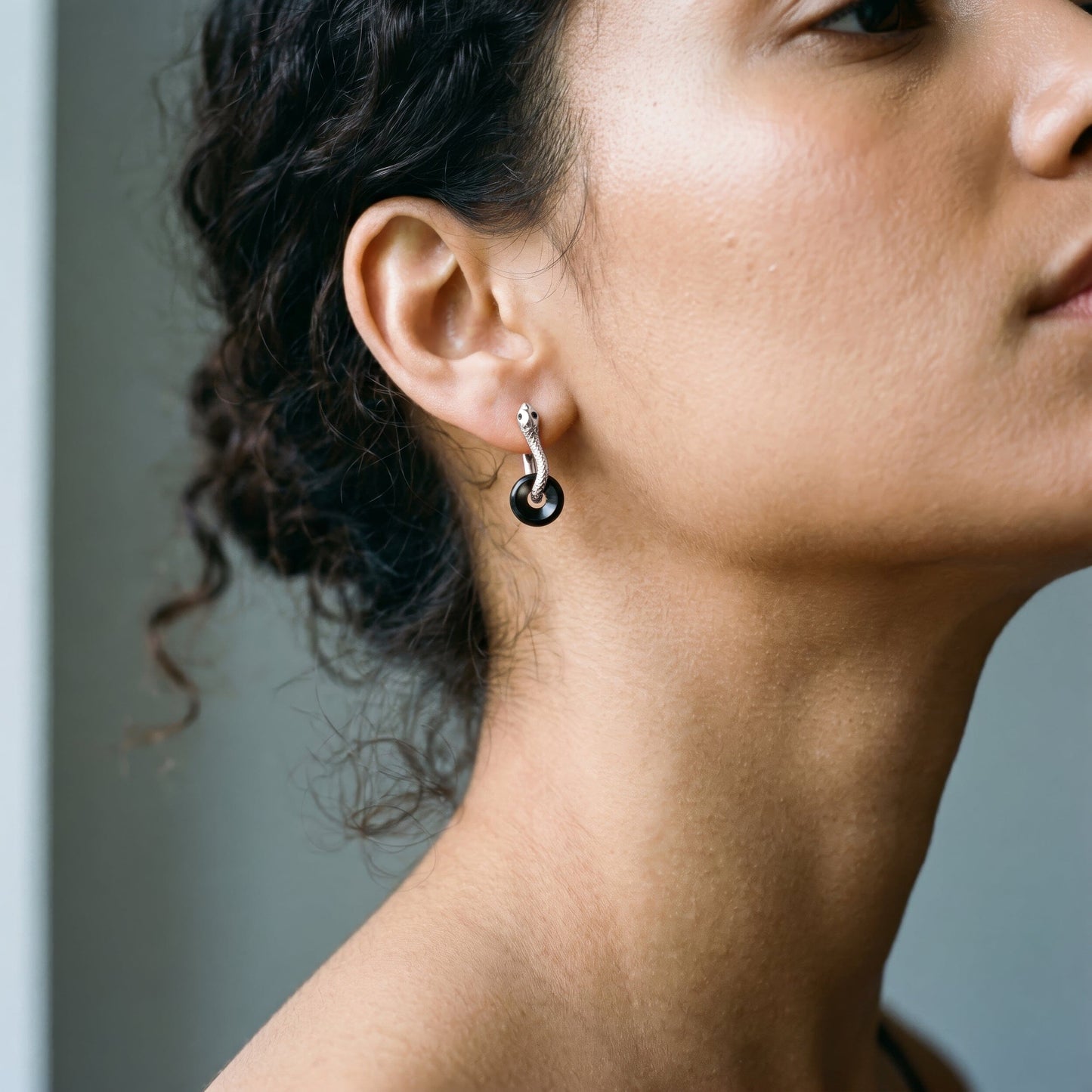 Black Obsidian Earrings - Serpent - worn white rhodium