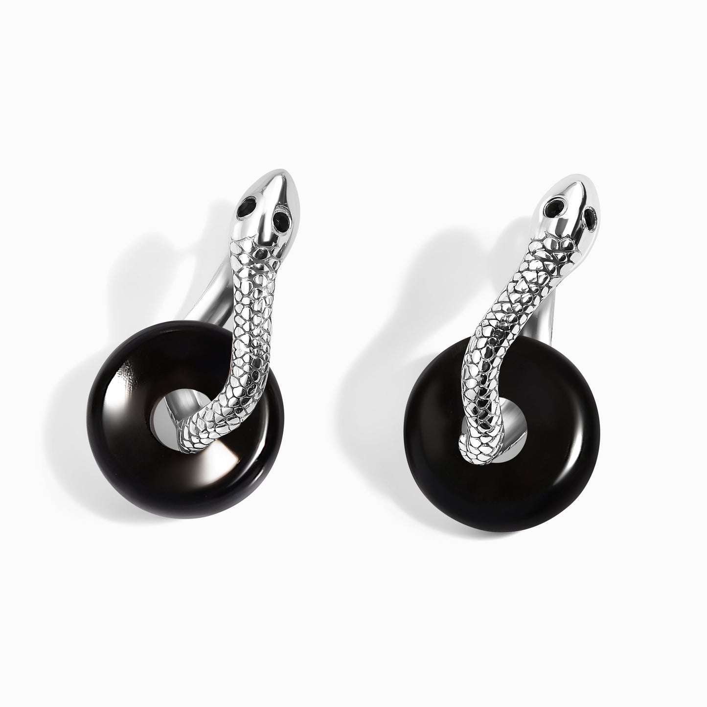 Black Obsidian Earrings - Serpent - white rhodium