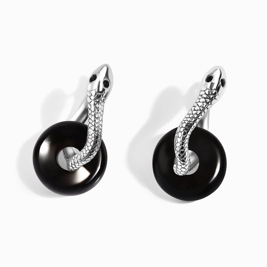 Black Obsidian Earrings - Serpent - white rhodium