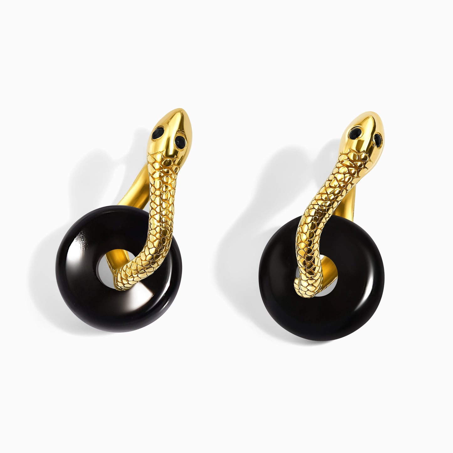 Black Obsidian Earrings - Serpent - yellow gold