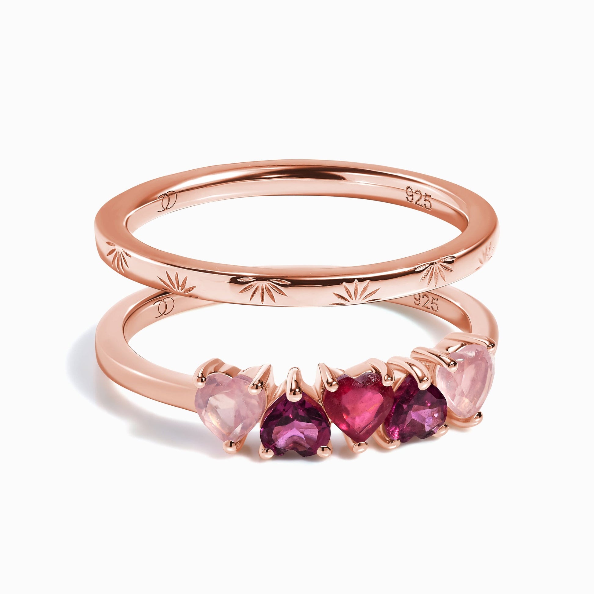 Rose Quartz Rhodolite Garnet Crush & Starry Rings - rose gold stack