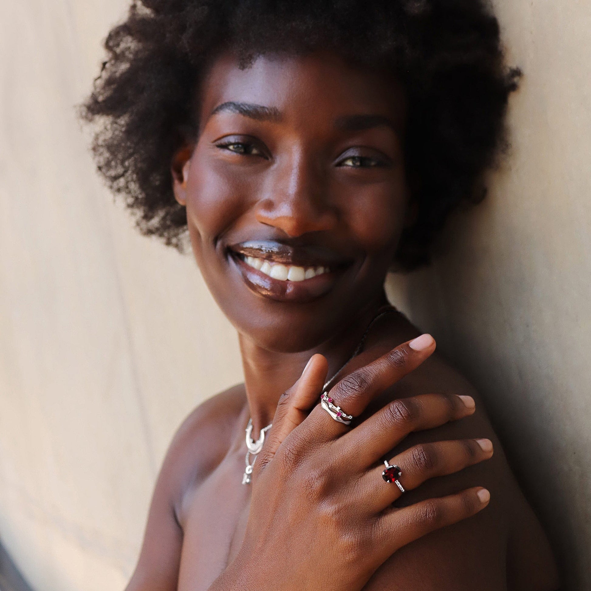 Rose Quartz Flow & Ruby Stardust Rings, silver lifestyle