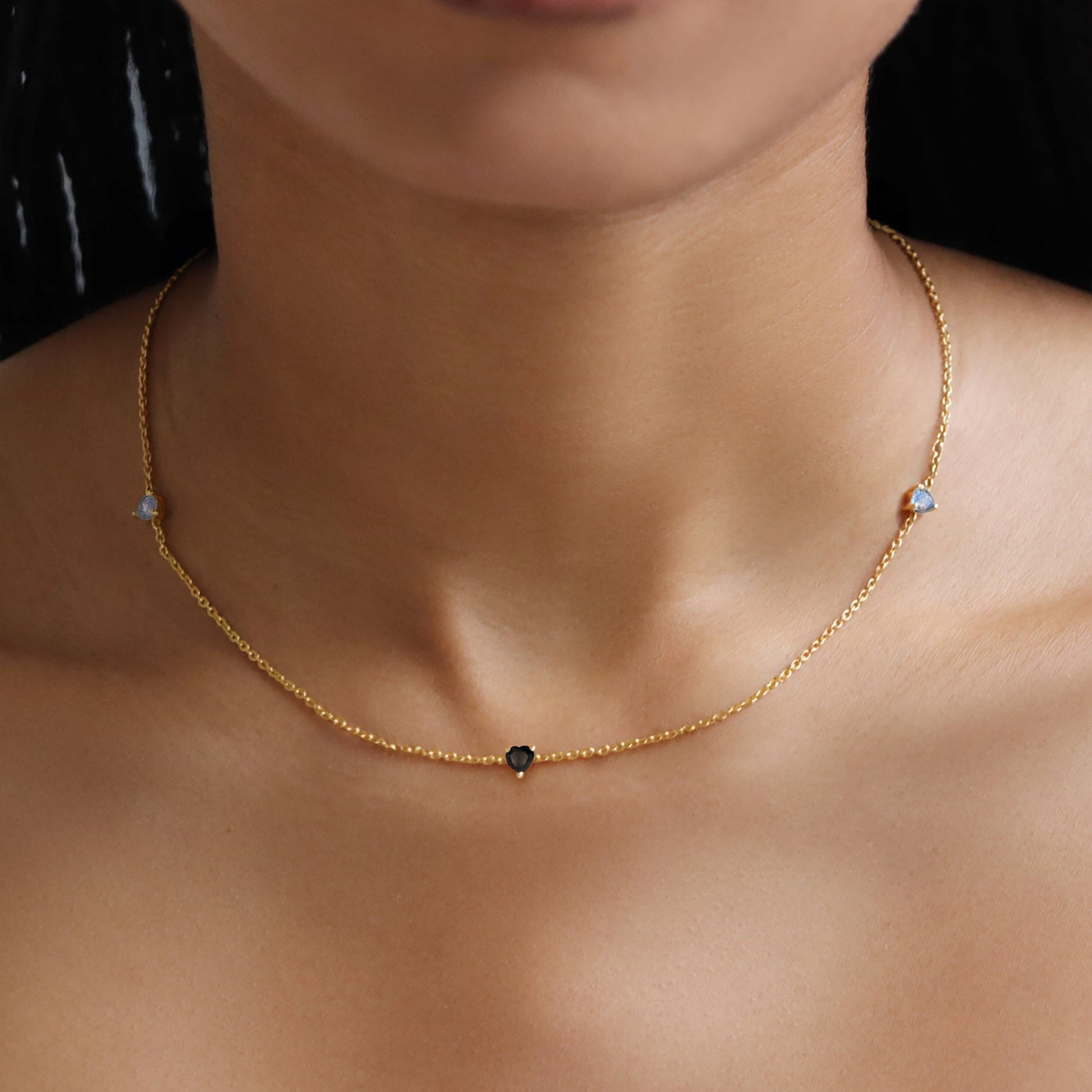 Black Obsidian Labradorite Necklace - Crush yellow gold worn
