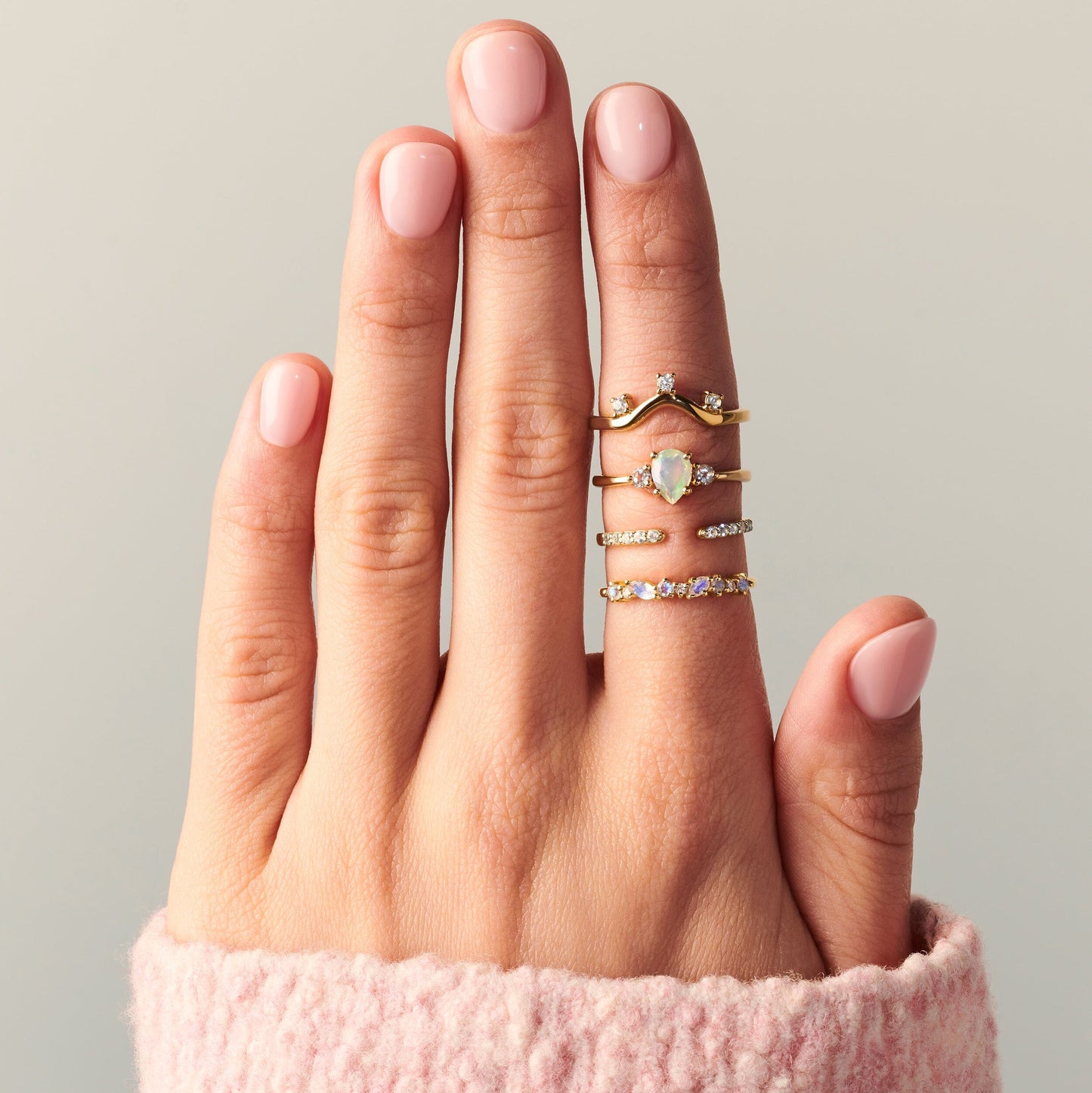 Opal Lania Ring & Twinkling Band - yellow gold lifestyle