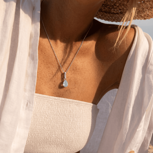 Aquamarine Necklace Sway - March Birthstone - silver worn