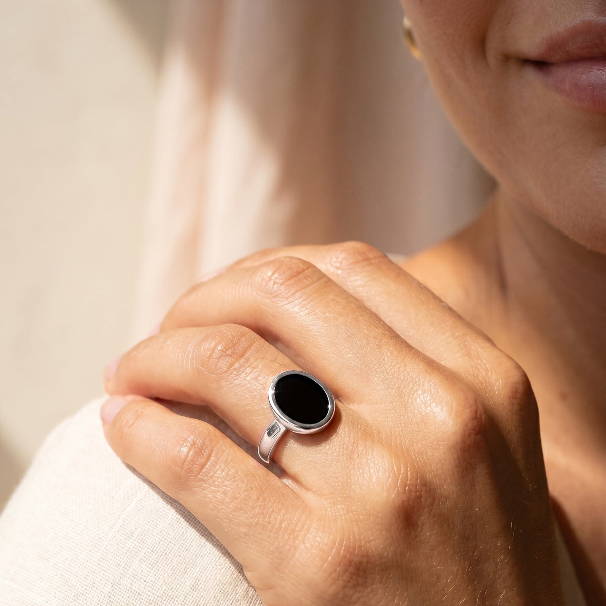 Black Onyx Ring Enfolded silver on hand