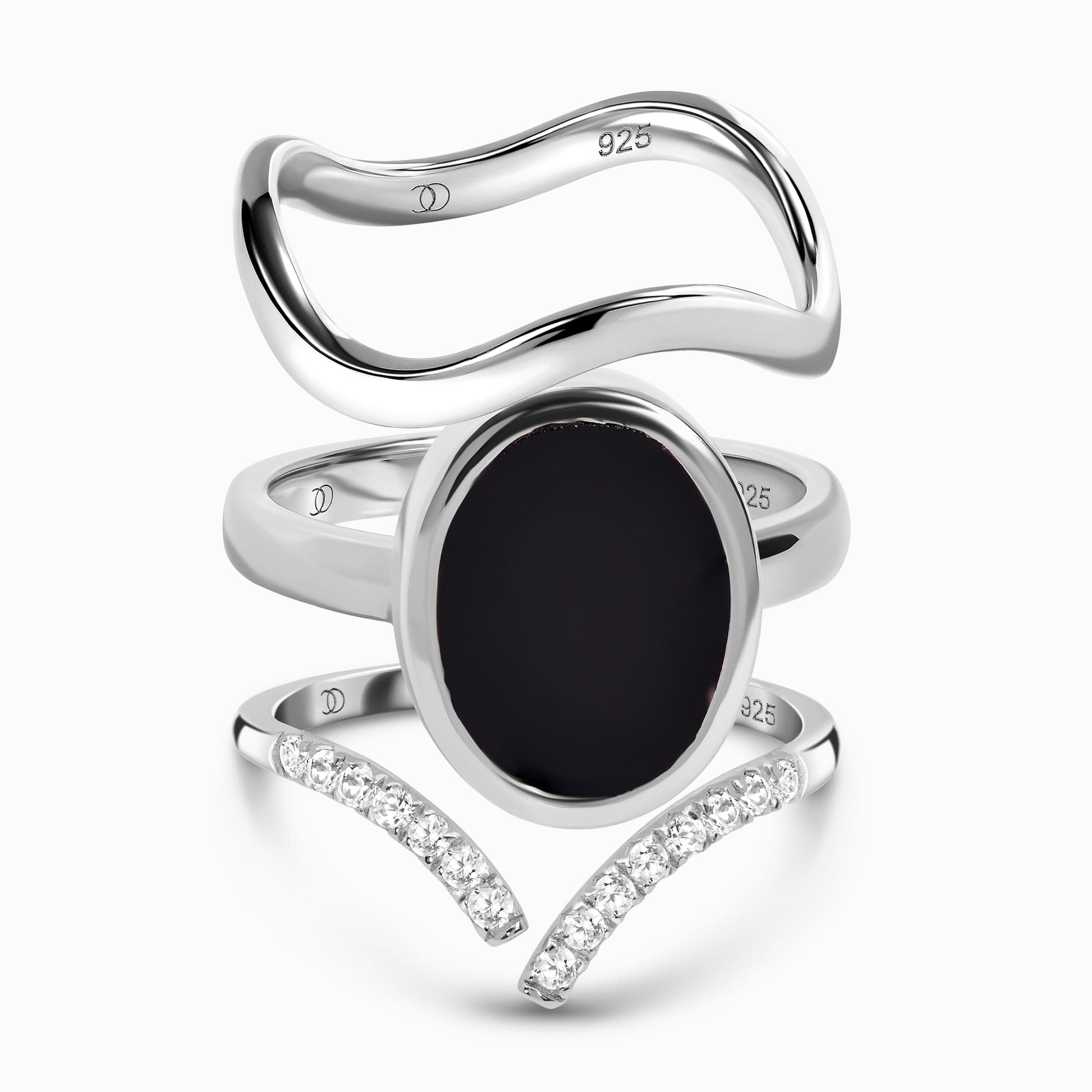 Enfolded Black Onyx & Infinite & Waves Rings - Sterling Silver