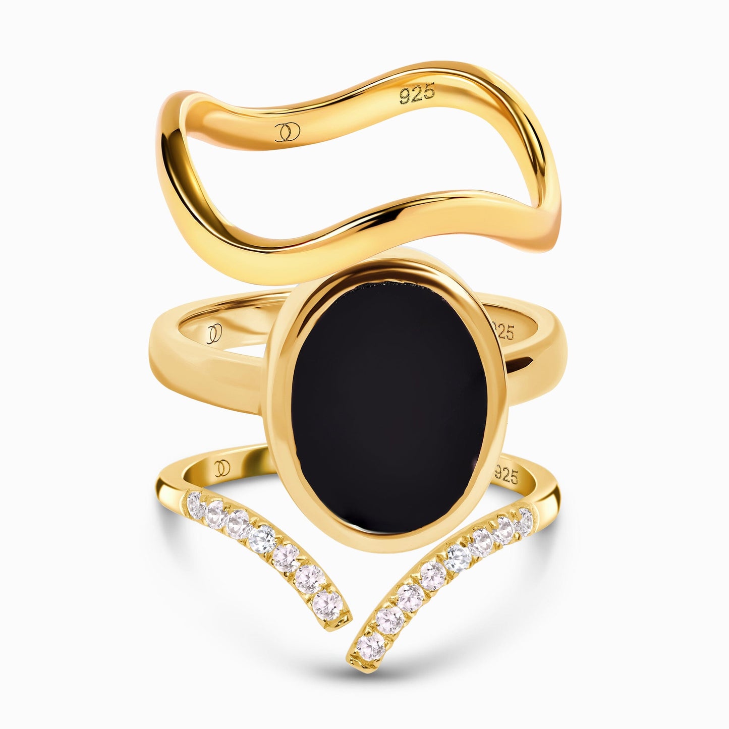 Enfolded Black Onyx & Infinite & Waves Rings - Yellow Gold Vermeil