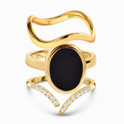 Enfolded Black Onyx & Infinite & Waves Rings - Yellow Gold Vermeil