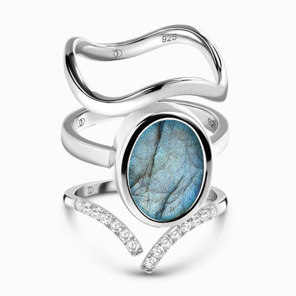 Enfolded Labradorite & Infinite & Waves Rings - silver set