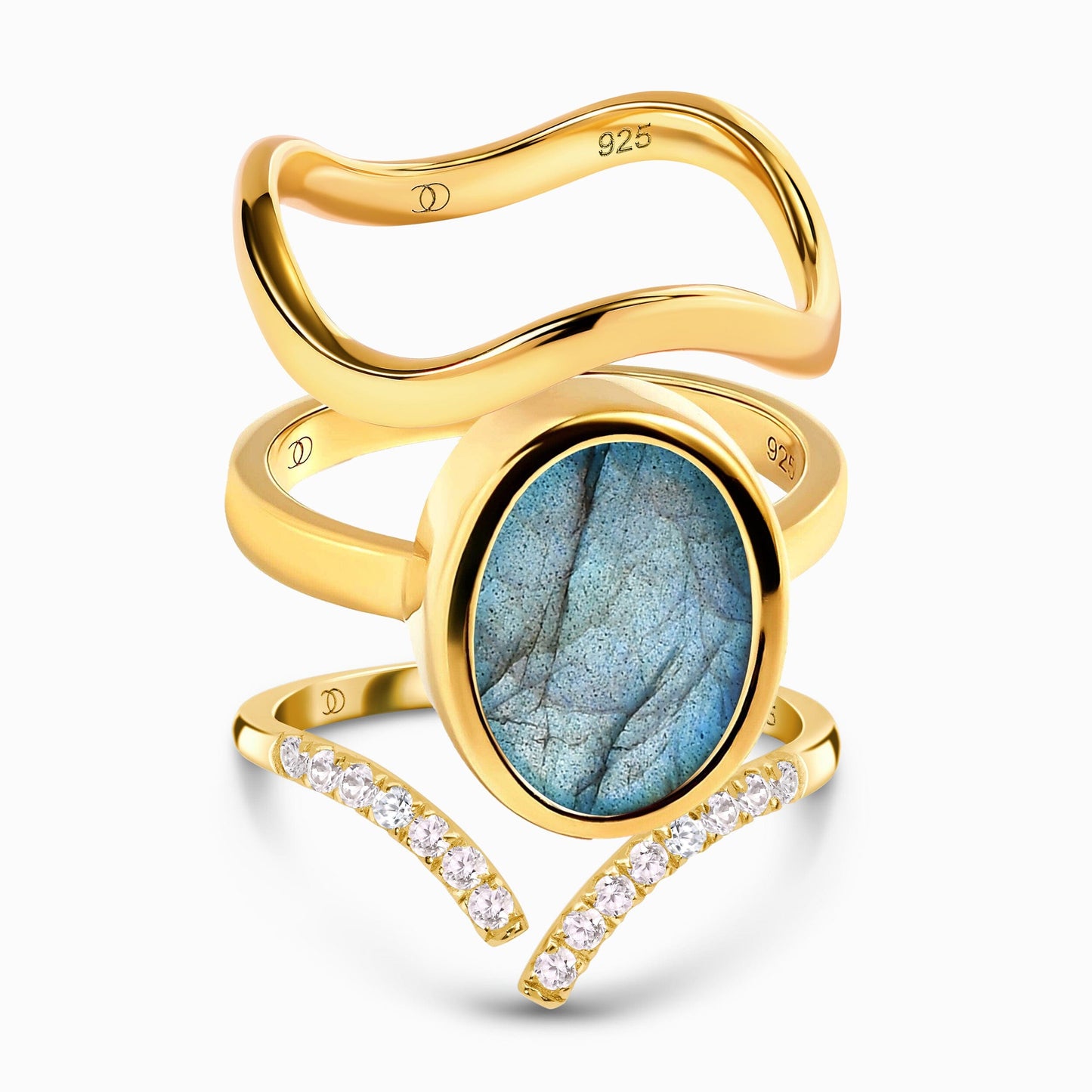 Enfolded Labradorite & Infinite & Waves Rings - gold set