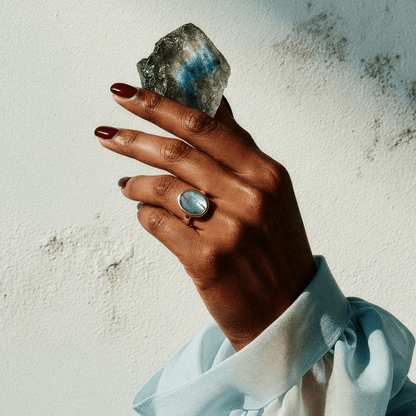 Enfolded Labradorite & Infinite & Waves Rings - gemstone detail