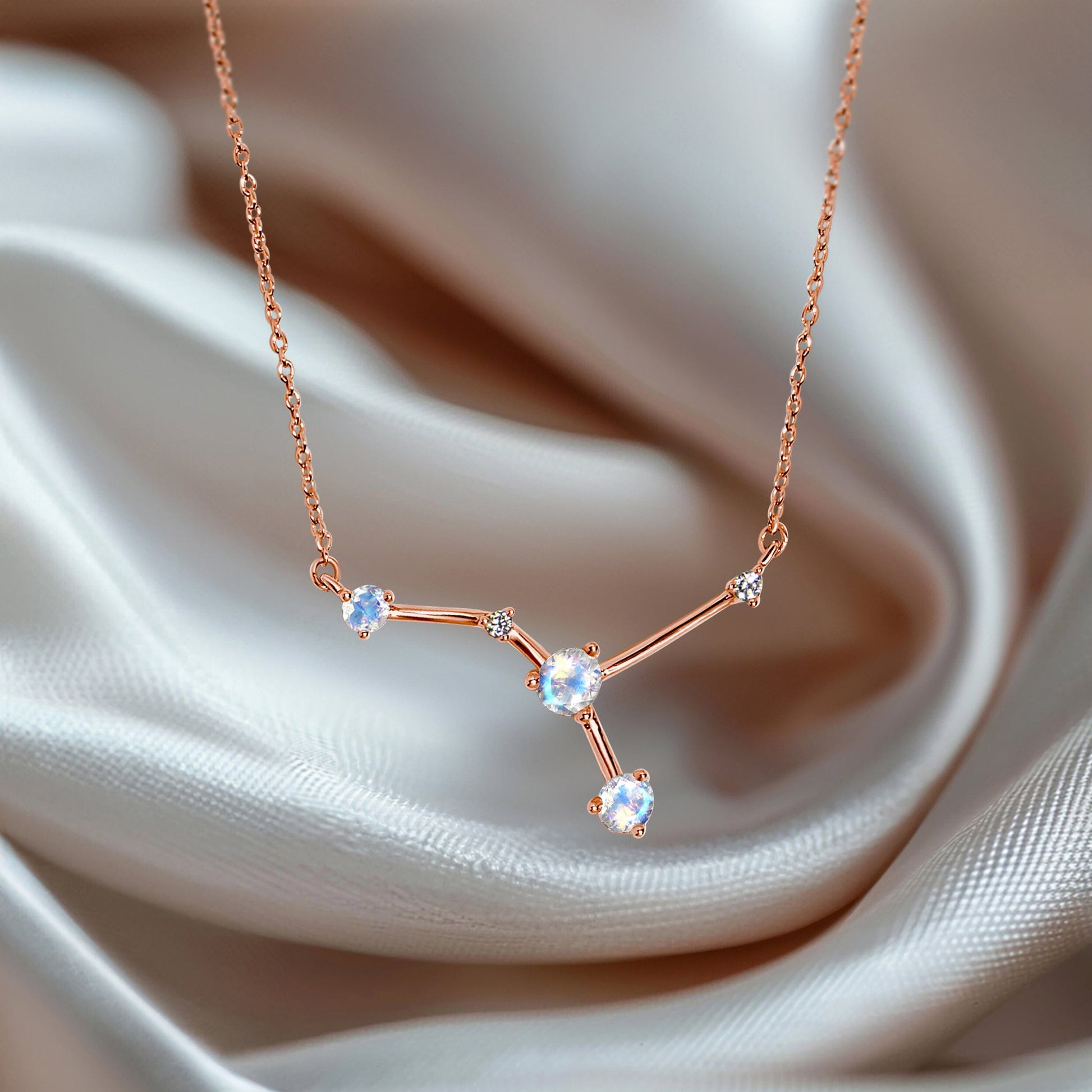Fine Moonstone Lab Diamond Necklace - Cancer Zodiac Constellation - flat lay RG