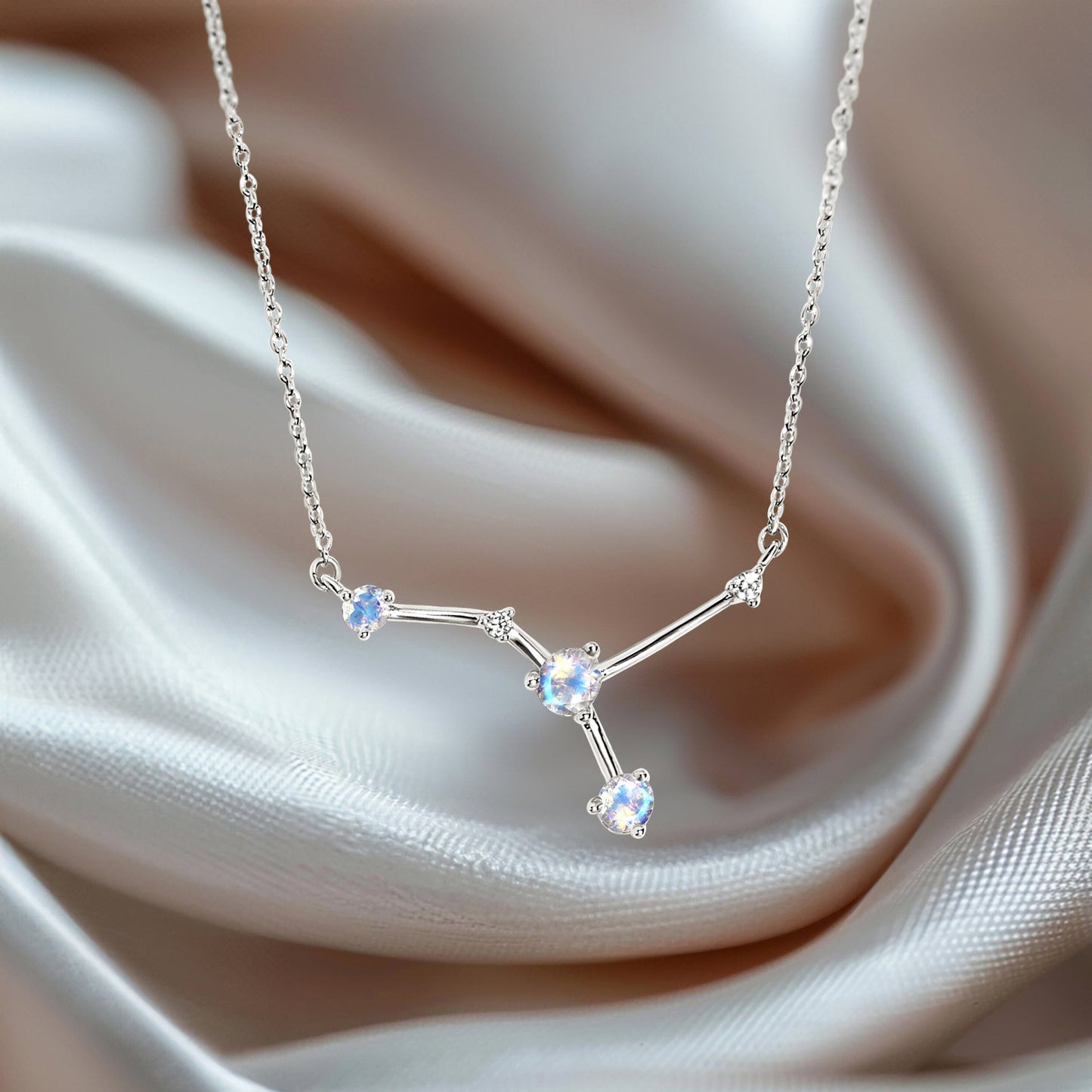Fine Moonstone Lab Diamond Necklace - Cancer Zodiac Constellation - flat lay SIL