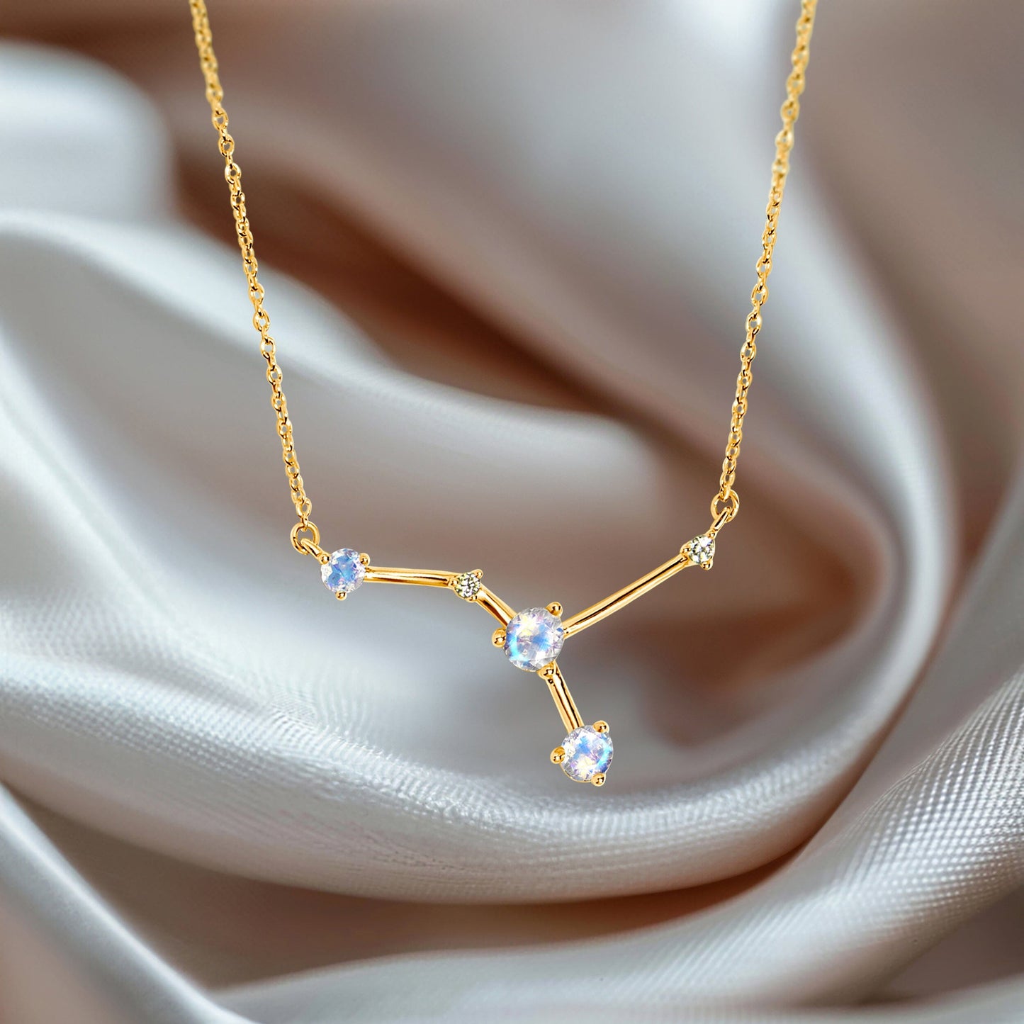 Fine Moonstone Lab Diamond Necklace - Cancer Zodiac Constellation - flat lay YG