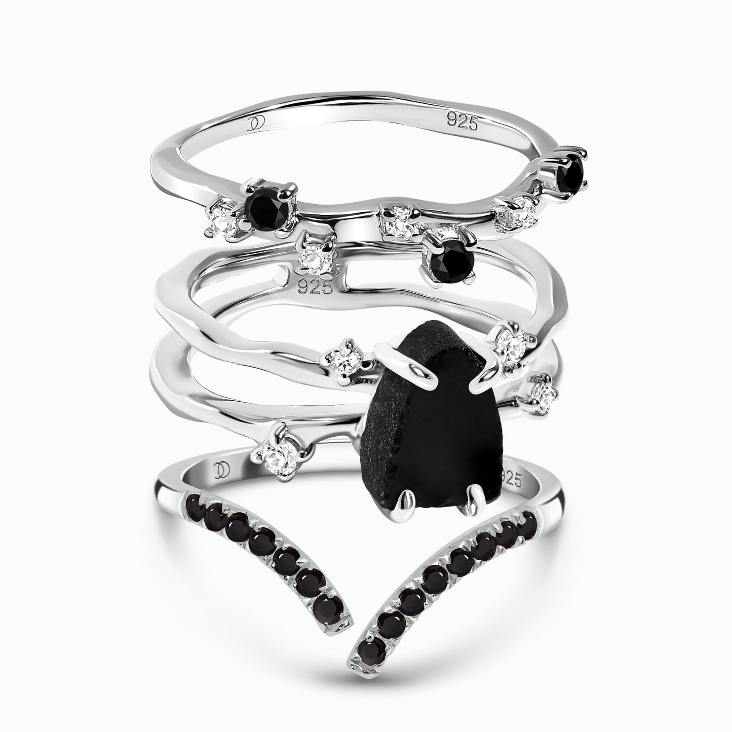 Black Obsidian Flow Stardust Infinite Rings silver