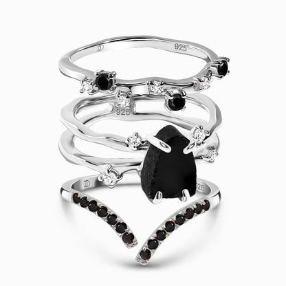 Black Obsidian Flow Stardust Infinite Rings silver