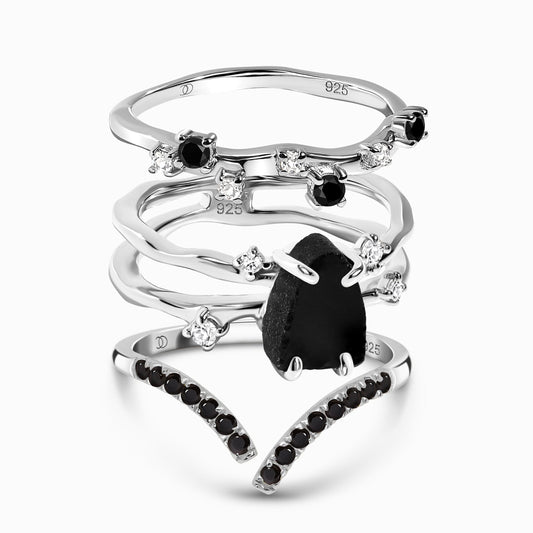 Black Obsidian Flow Stardust Infinite Rings silver