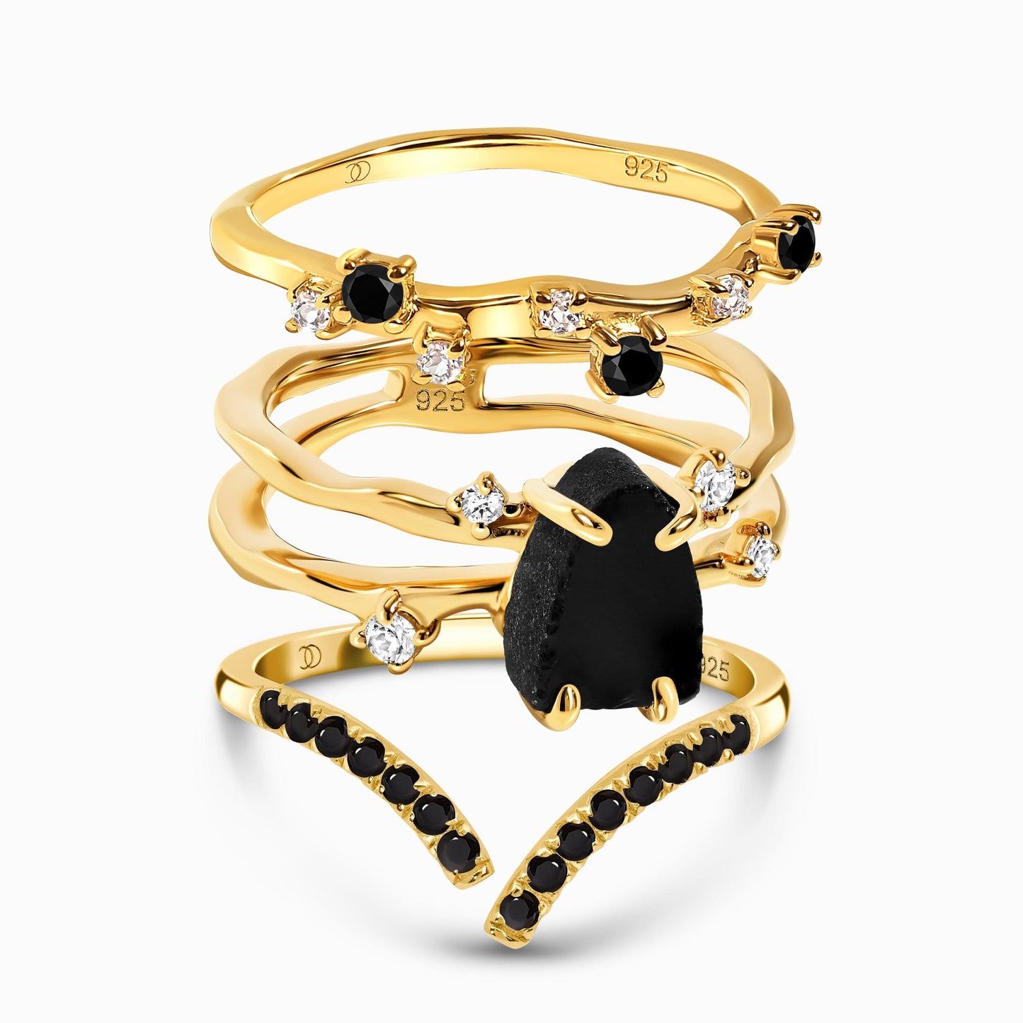 Black Obsidian Flow Stardust Infinite Rings yellow gold