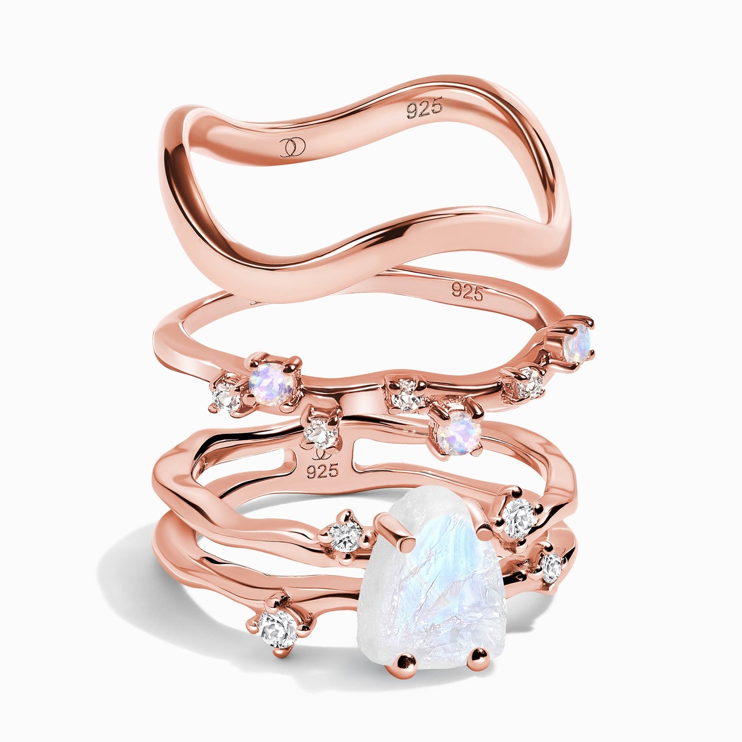Moonstone Flow Stardust Waves Rings - rose gold vermeil stack