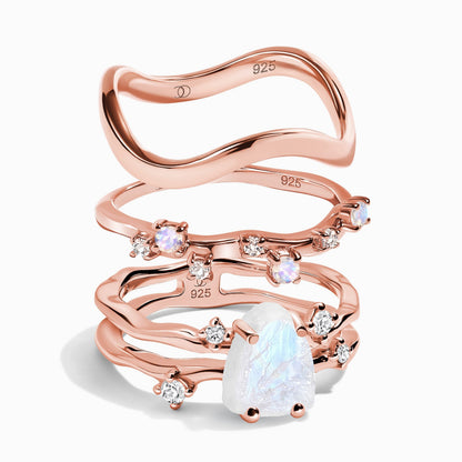Moonstone Flow Stardust Waves Rings - rose gold vermeil stack