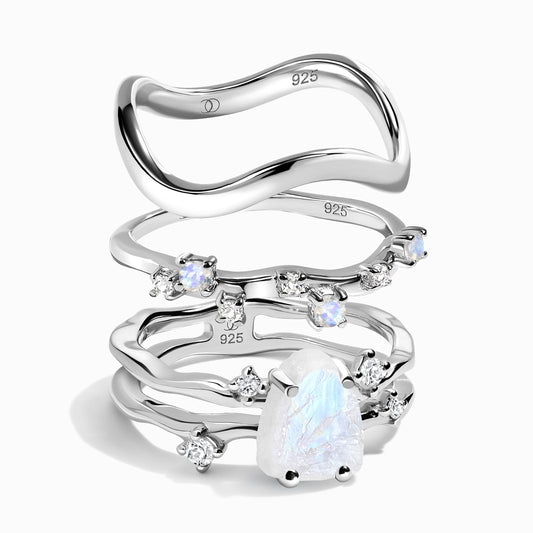 Moonstone Flow Stardust Waves Rings - sterling silver stack