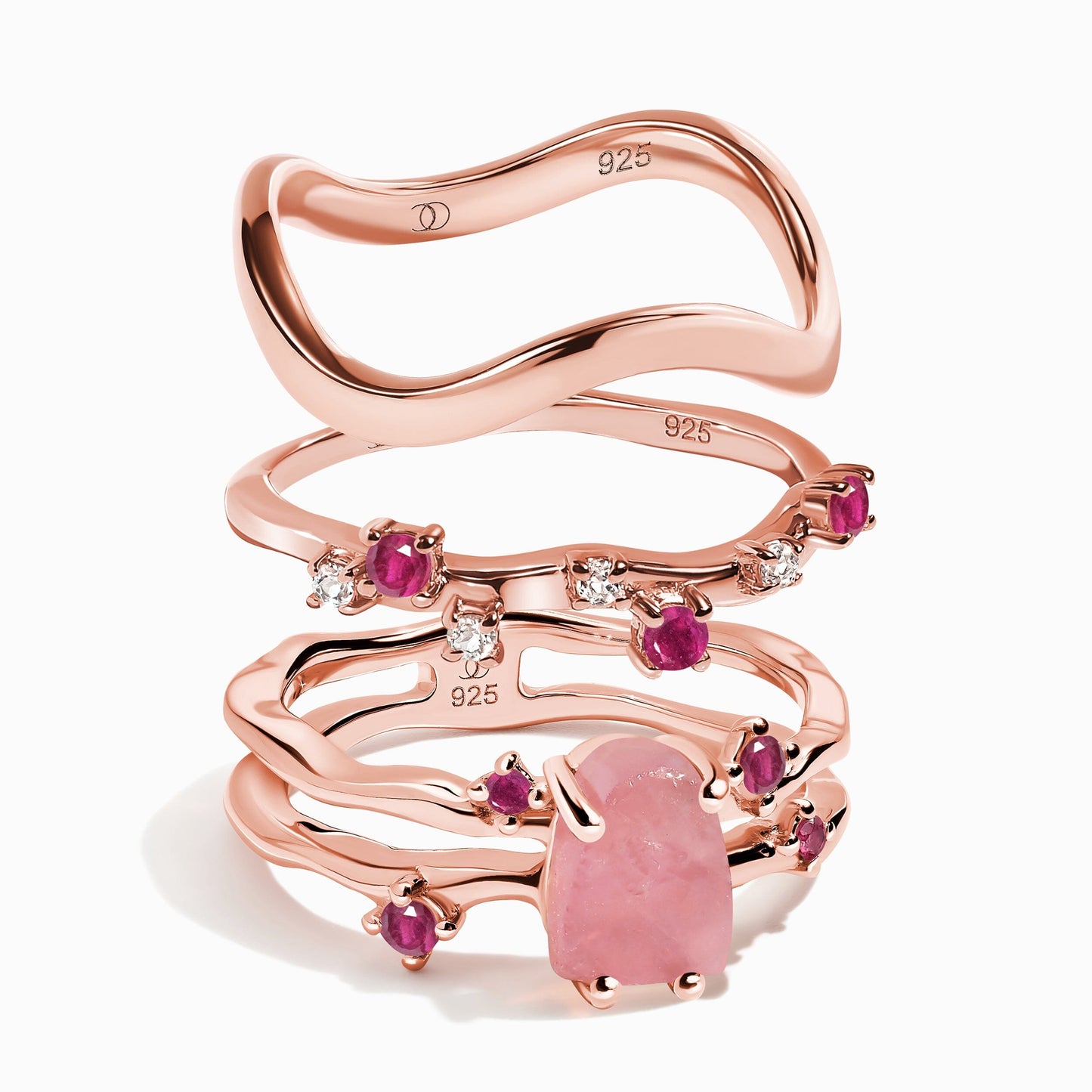 Rose Quartz Flow & Ruby Stardust & Waves Rings, rose gold