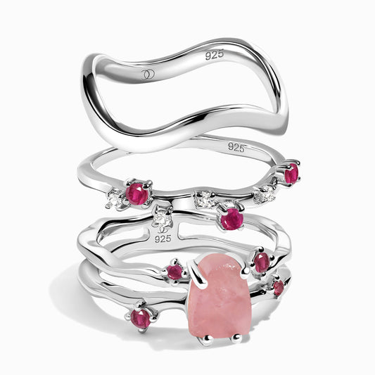 Rose Quartz Flow & Ruby Stardust & Waves Rings, silver