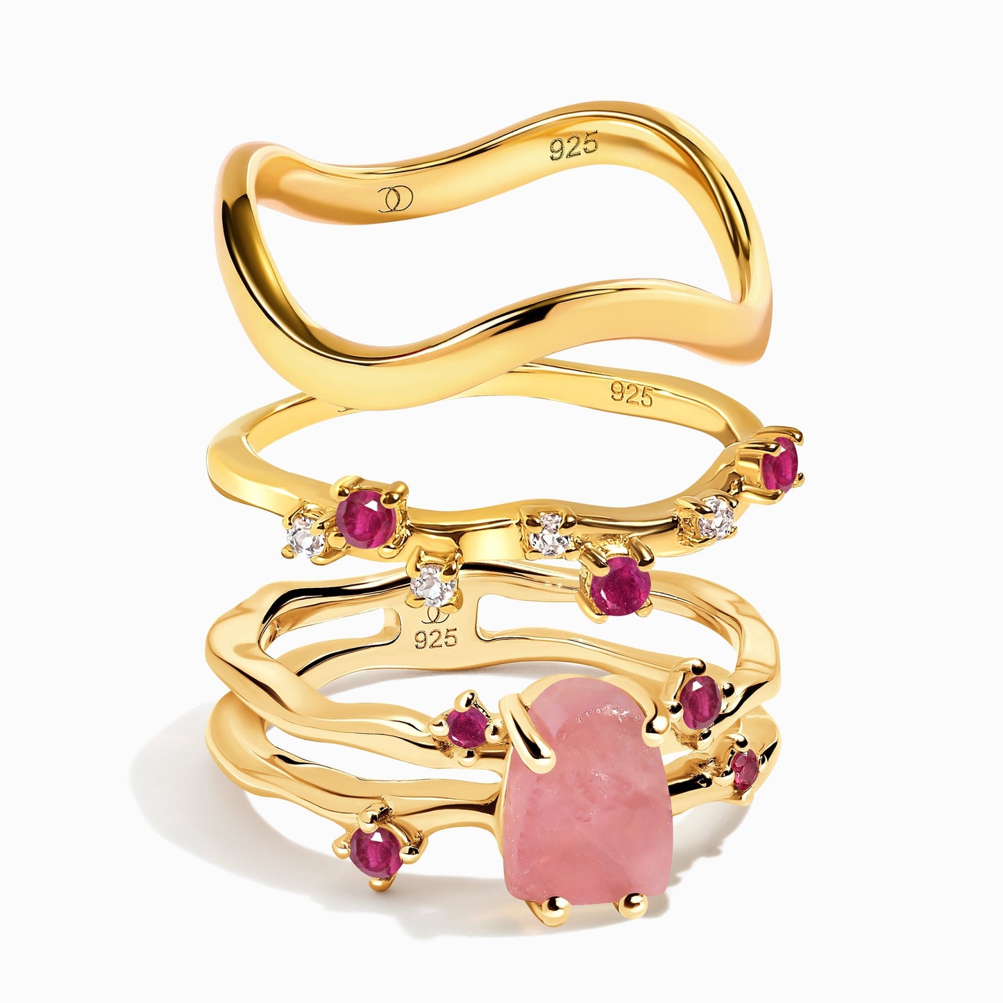 Rose Quartz Flow & Ruby Stardust & Waves Rings, yellow gold