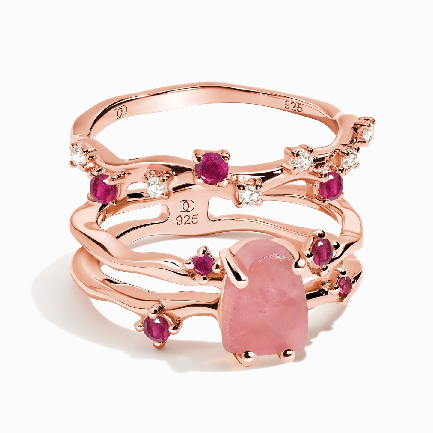 Rose Quartz Flow & Ruby Stardust Rings, rose gold