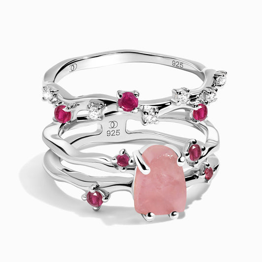 Rose Quartz Flow & Ruby Stardust Rings, silver