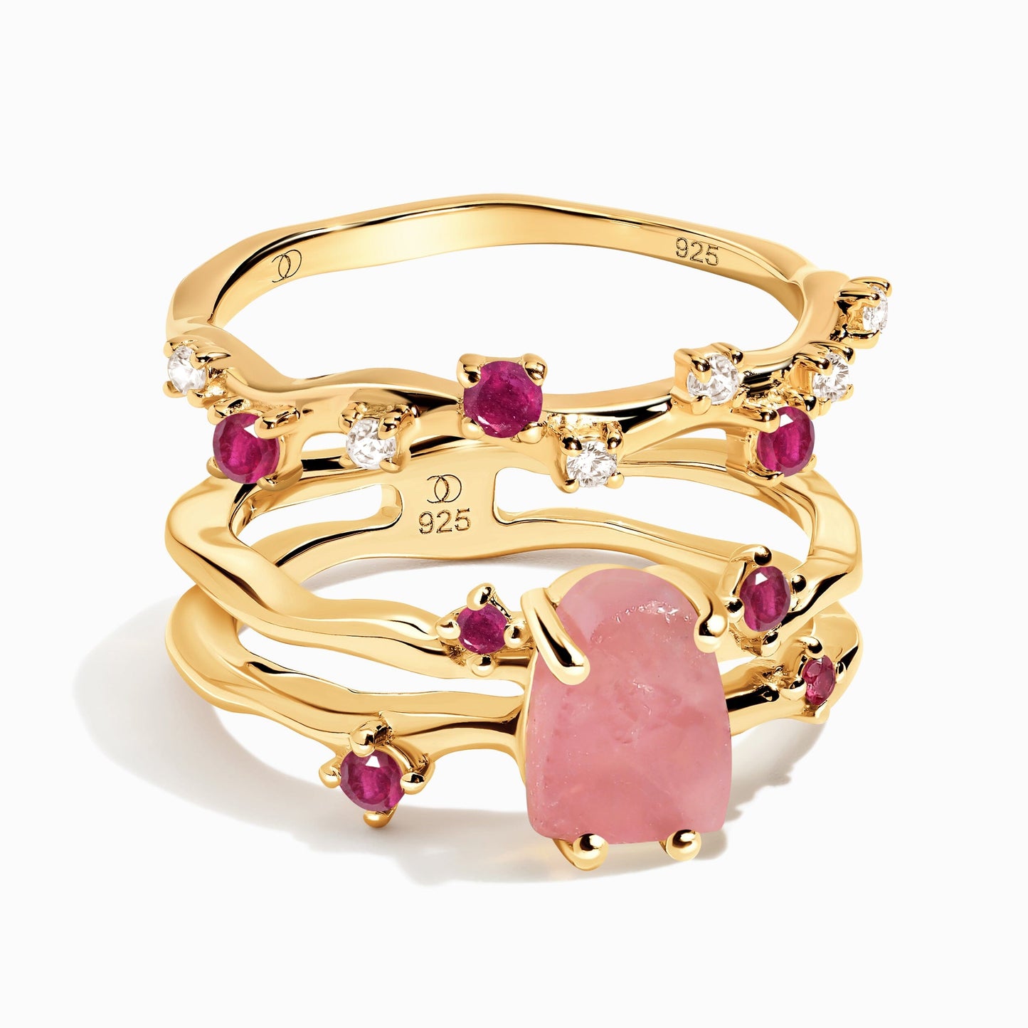 Rose Quartz Flow & Ruby Stardust Rings, yellow gold