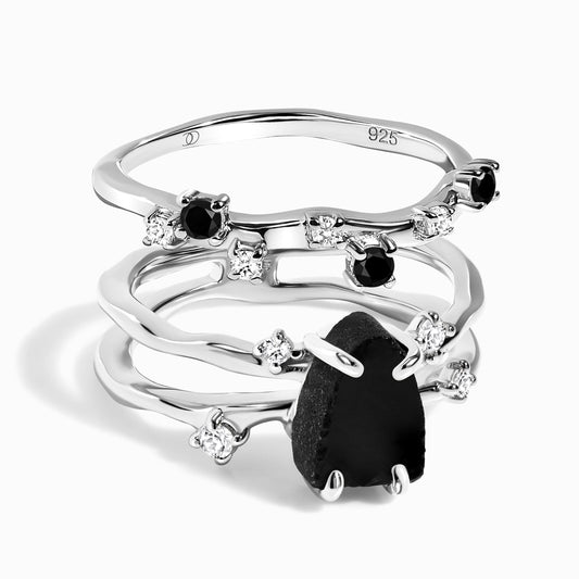 Black Obsidian Lab Diamond Flow Ring - Sterling Silver