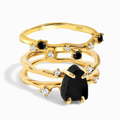 Black Obsidian Lab Diamond Flow Ring - Yellow Gold Vermeil