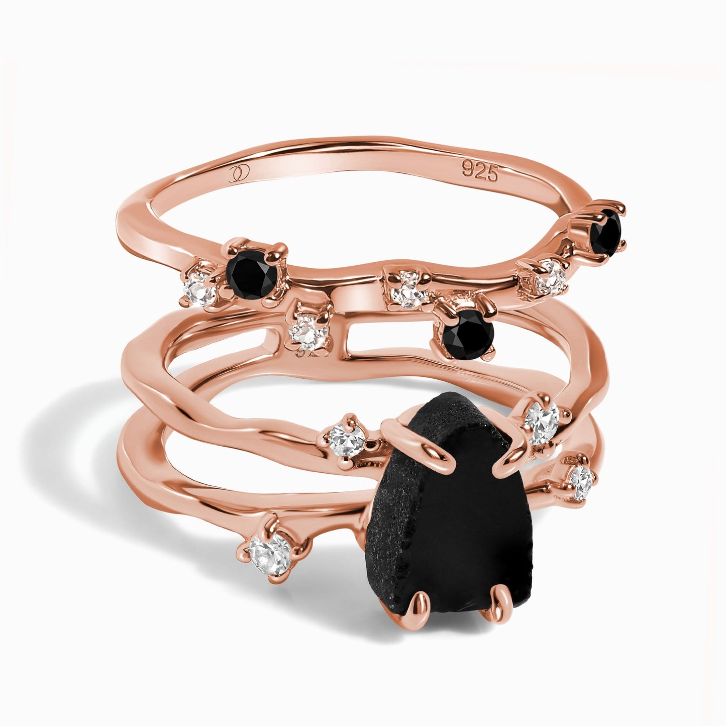 Black Obsidian Flow Stardust Rings - rose gold vermeil stack