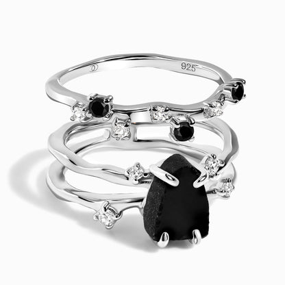 Black Obsidian Flow Stardust Rings - sterling silver stack