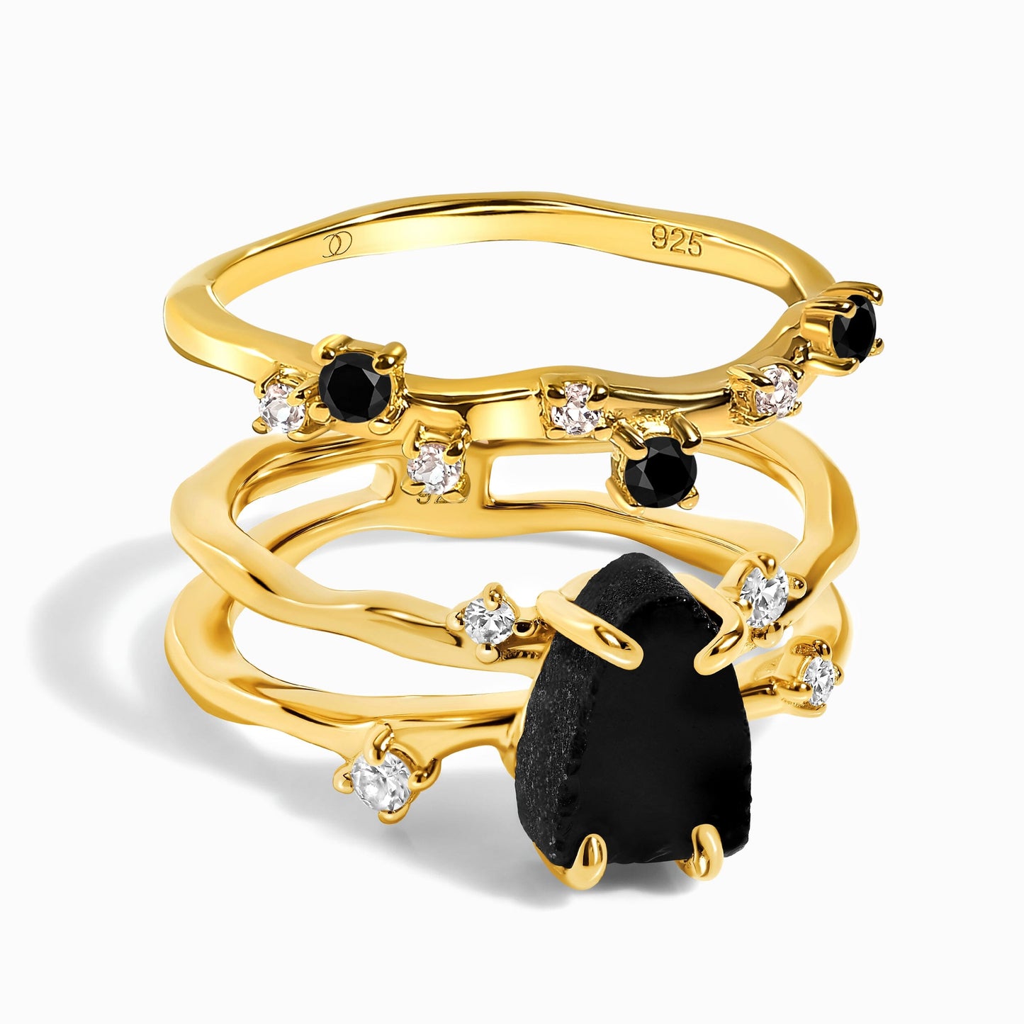 Black Obsidian Flow Stardust Rings - yellow gold vermeil stack