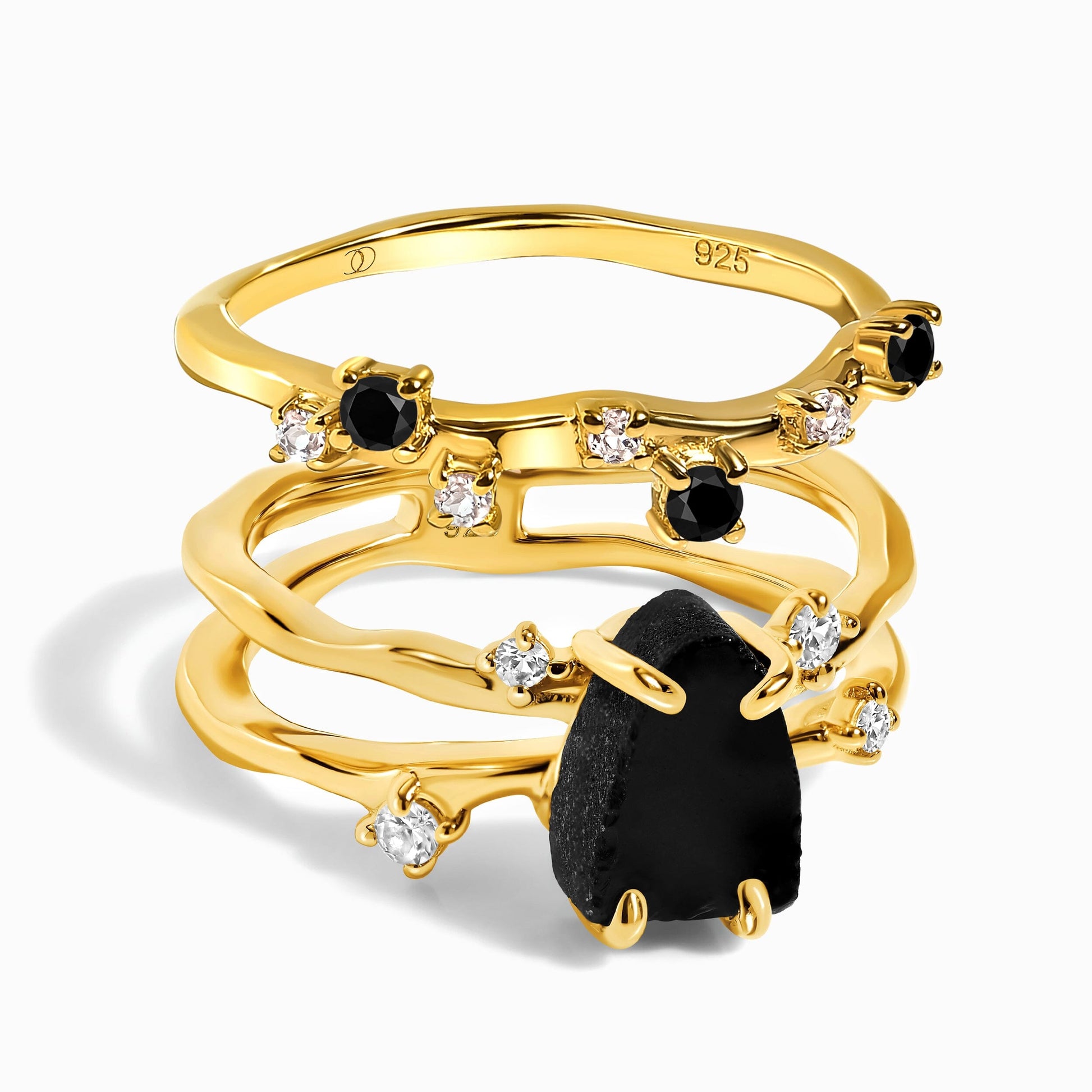 Black Obsidian Flow Stardust Rings - yellow gold vermeil stack