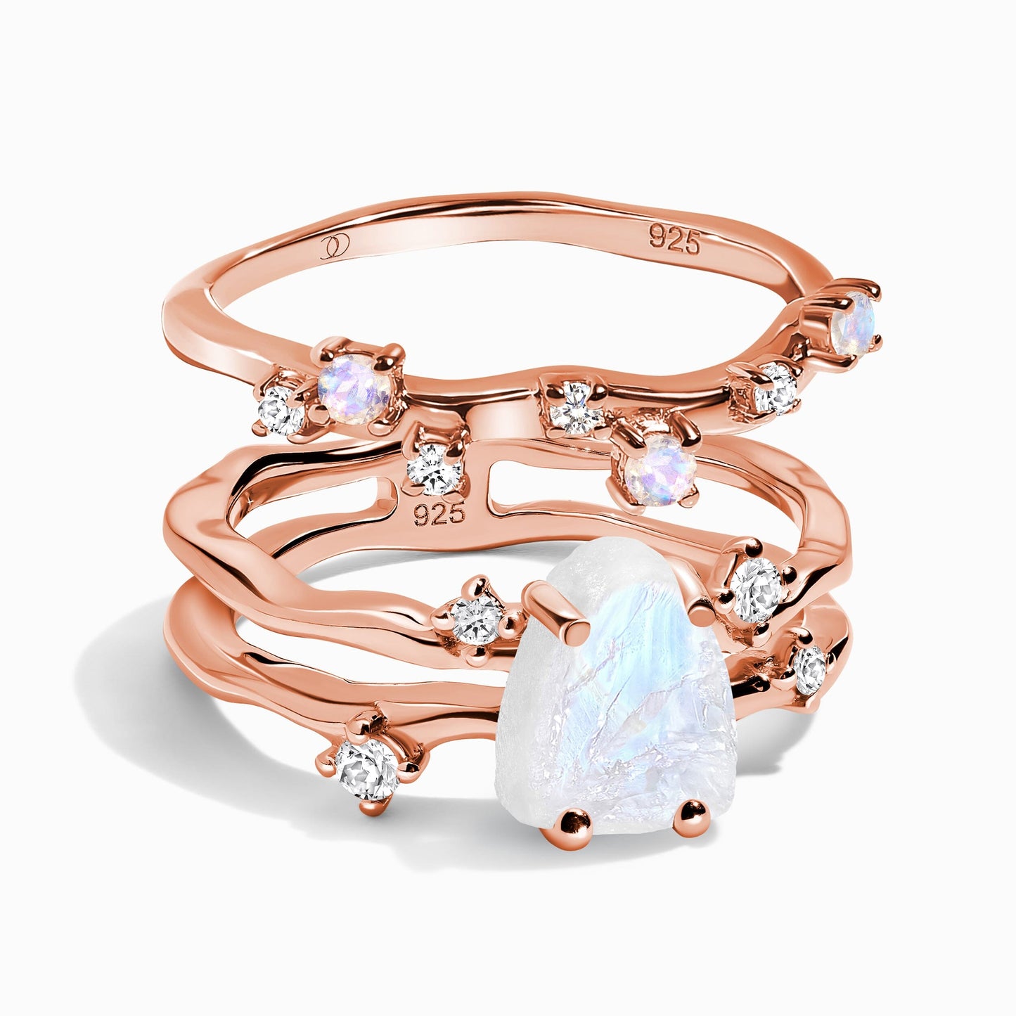 Moonstone Lab Diamond Flow Stardust Rings - rose gold vermeil stack
