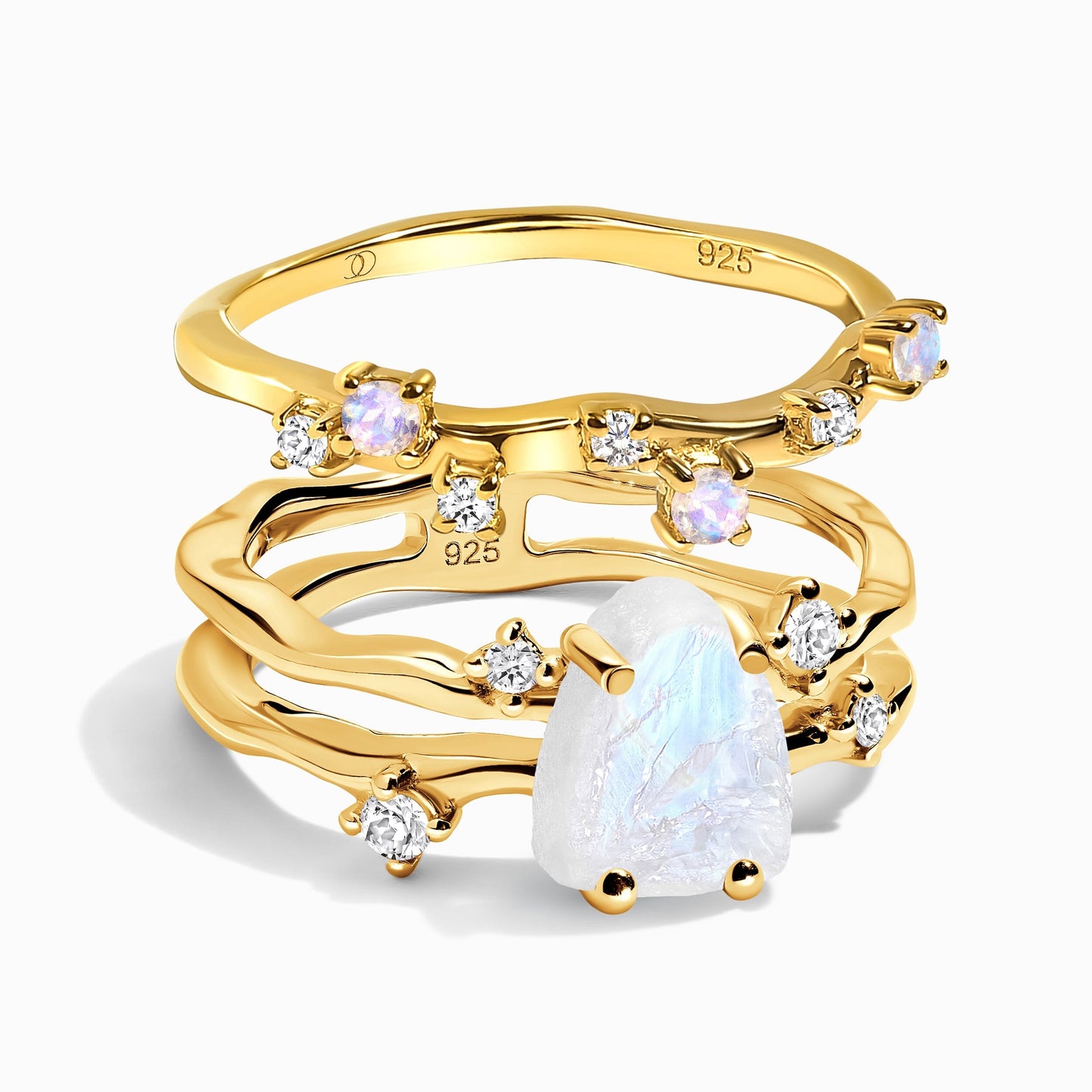 Moonstone Lab Diamond Flow Stardust Rings - yellow gold vermeil stack