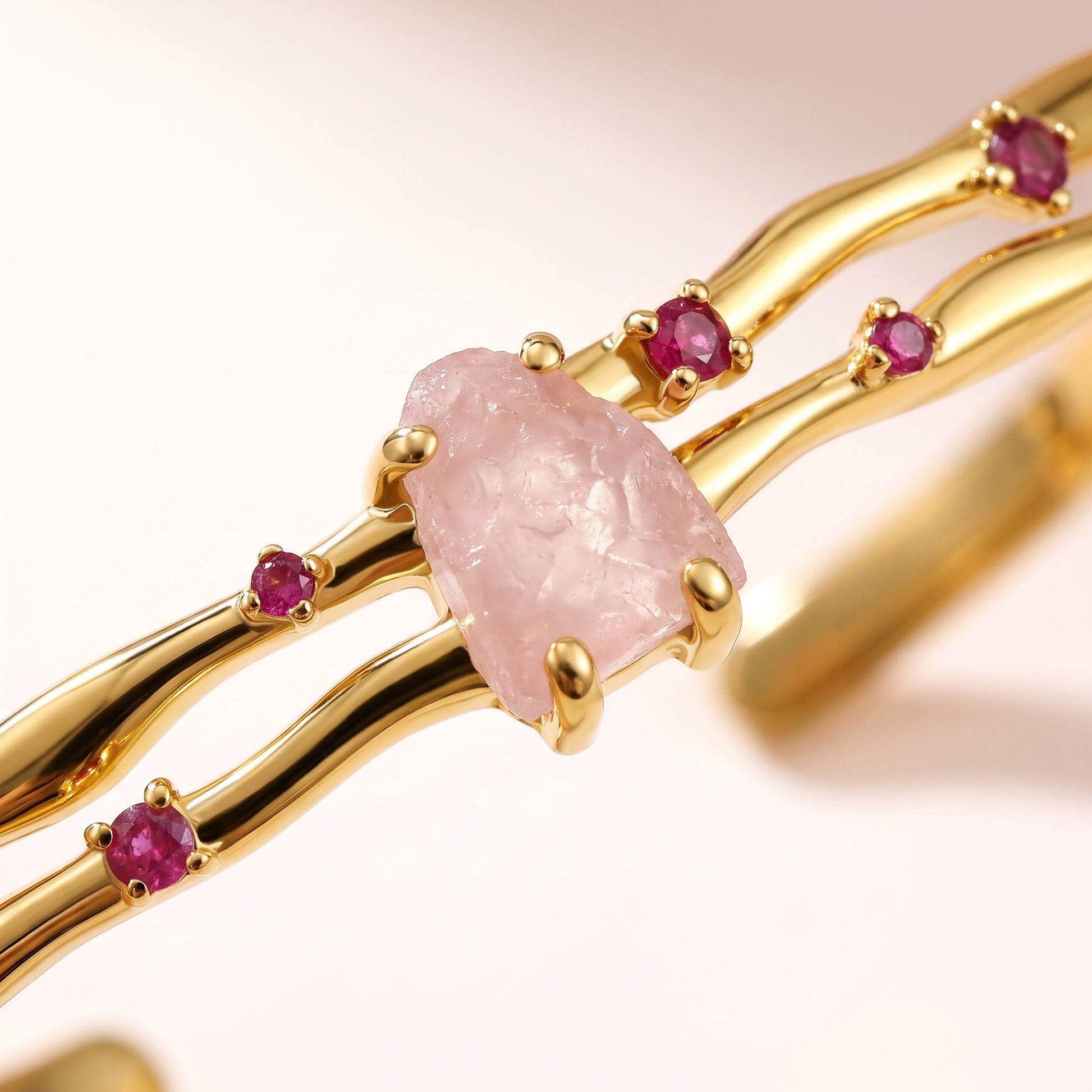 Rose Quartz Cuff - Flow - yellow gold detail