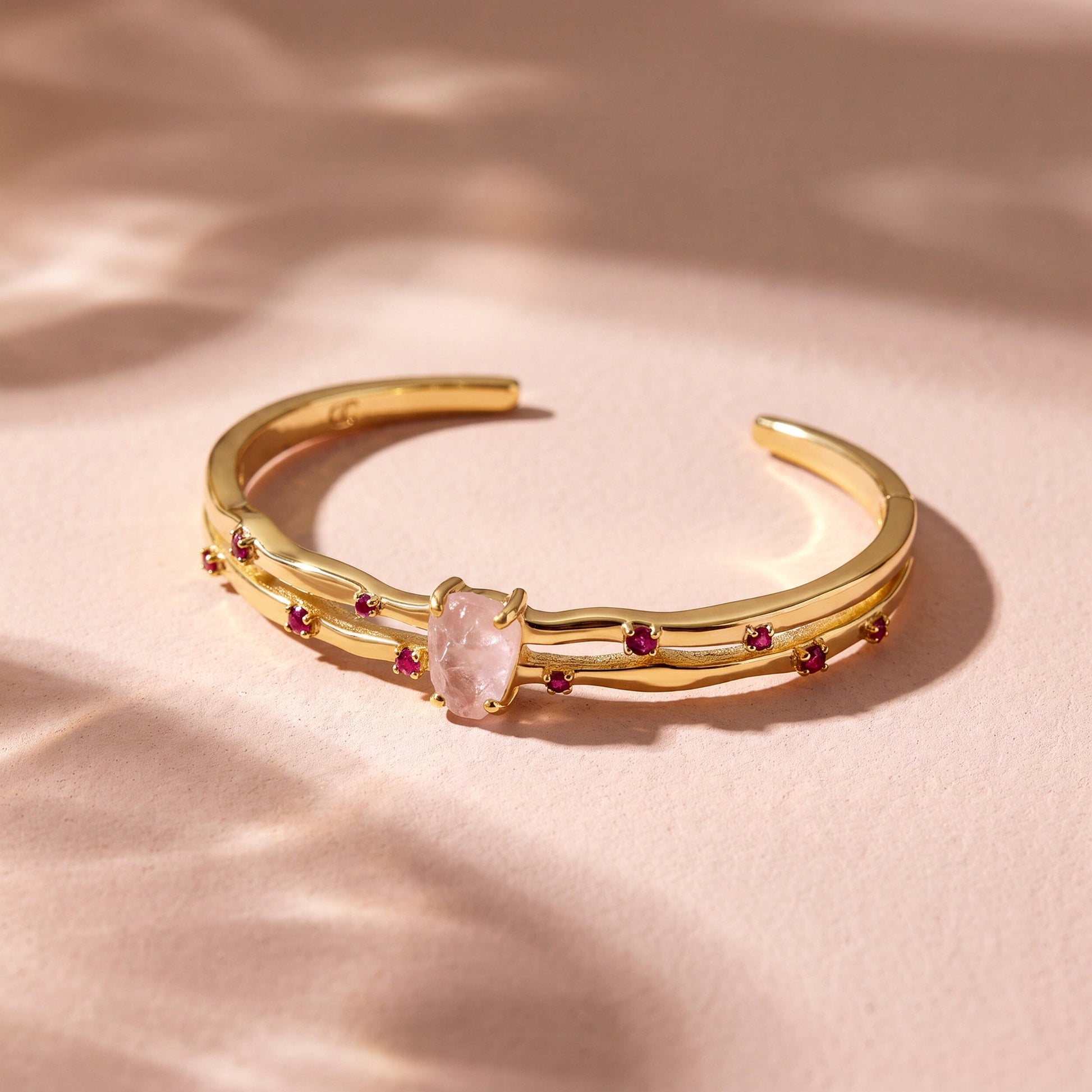 Rose Quartz Cuff - Flow - yellow gold flat lay